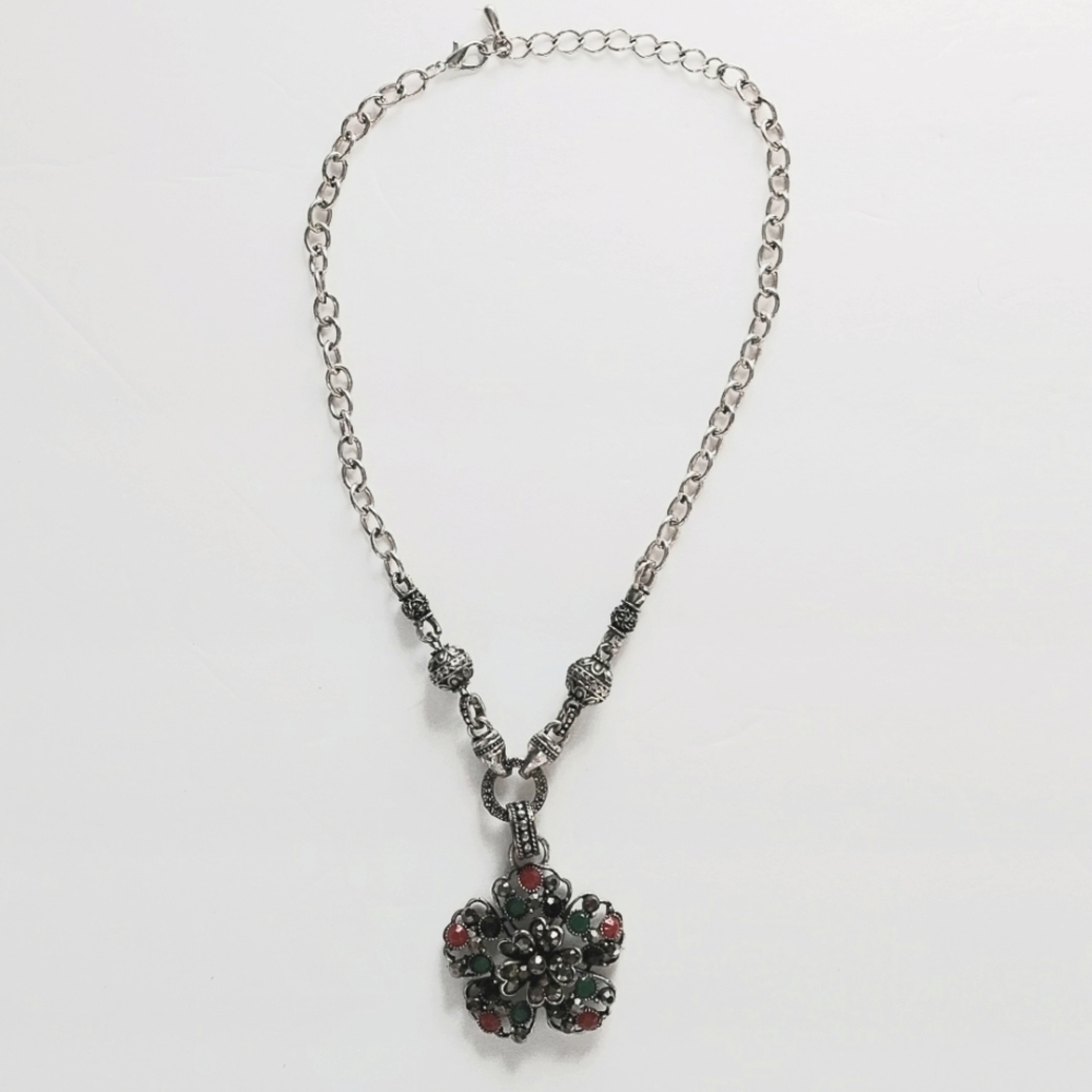 Antiqued & Jeweled 2" Pendant on 19" Silvertone Chain